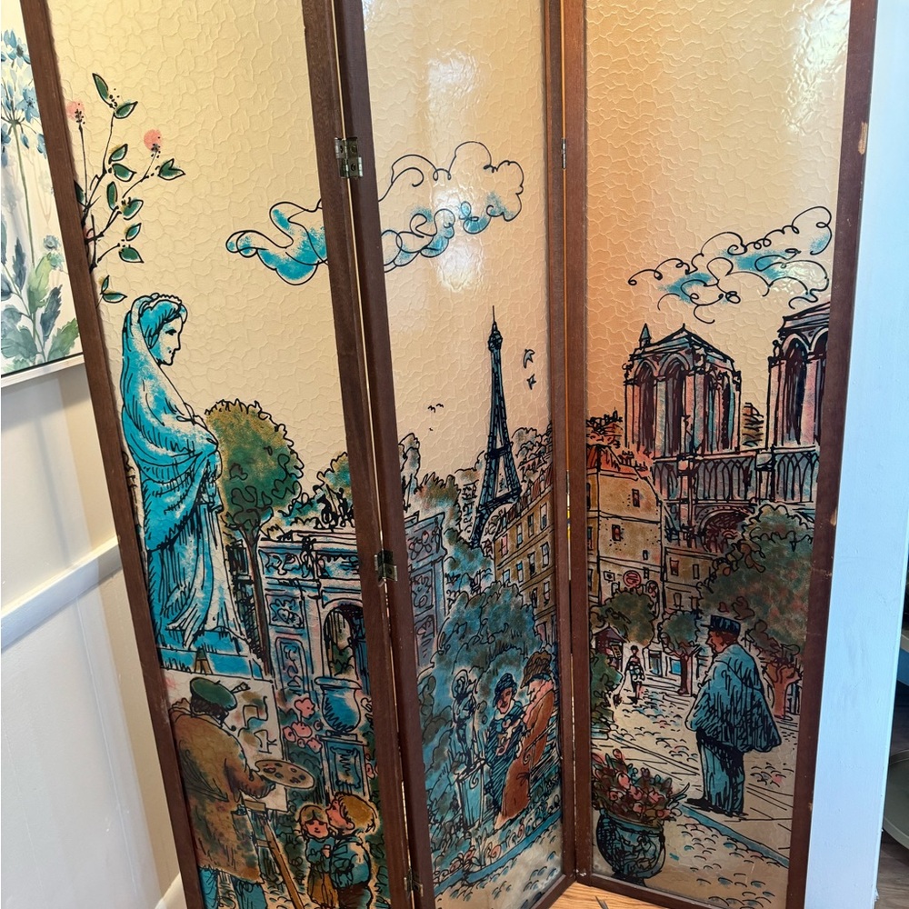 Vintage Parisian Folding Screen with Artwork
